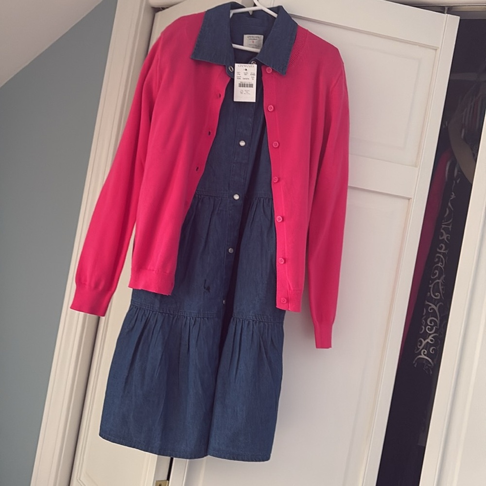 NWT JCrew Crewcuts Chambray dress and pink cardigan